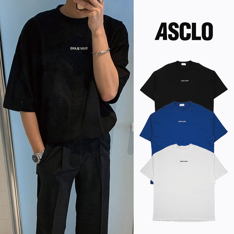 [ASCLO] 基本男オーバーサイズ半袖Tシャツラウンドティー夏服ユニークなスタイルストリートな感性ユニセックスラインカップル レタリングプリント 韓国ファッション