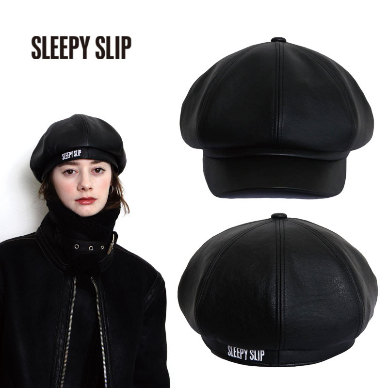 [SLEEPY SLIP] F/L SIGNATURE BLACK NEWSBOY CAP ブラックハット ニュースボーイキャップ 韓国ファッション ユニセックス カップル
