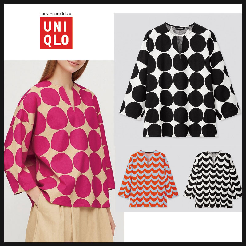 韓国限定コラボ日本未発売 [UNIQLO X Marimekko] マリメッコ リネンブレンドシャツ(7部) 半袖 ラウンド Tシャツ 夏 レディース メンズ 韓国ファッション