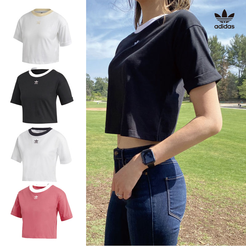 [ADIDAS] Crop top アディダス クロップトップ 半袖 Tシャツ オーバーサイズ Uネック レディース メンズ 韓国ファッション FM2557 GD2359 GD2360 FM3260