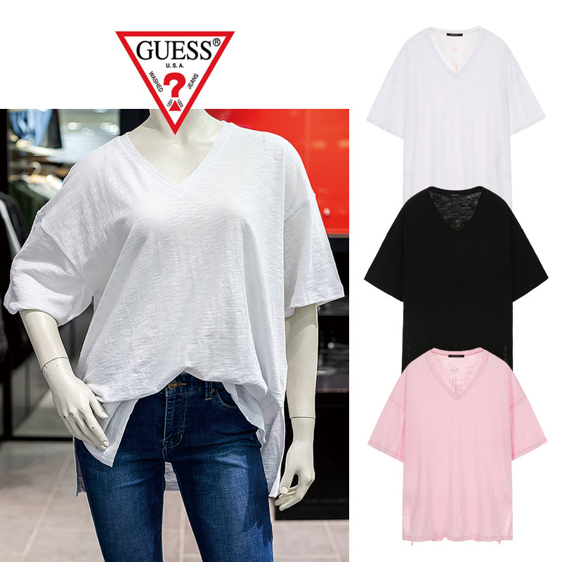 [GUESS] OK2K0370 ゲス 夏 半袖 tシャツ 綿100 女性Vネックルーズフィットスルロプ半袖Tシャツ レディース メンズ トレーナー 大きいサイズ オーバーサイズ